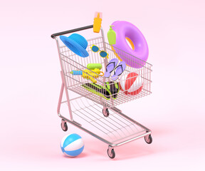 Colorful beach accessories and shopping trolley on pink background.