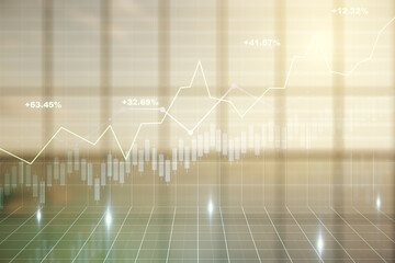 Abstract virtual financial graph hologram on empty corporate office background, forex and investment concept. Multiexposure