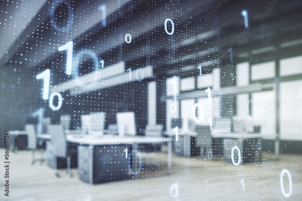 Fototapete double exposure of abstract virtual binary code hologram on modern corporate office background. data