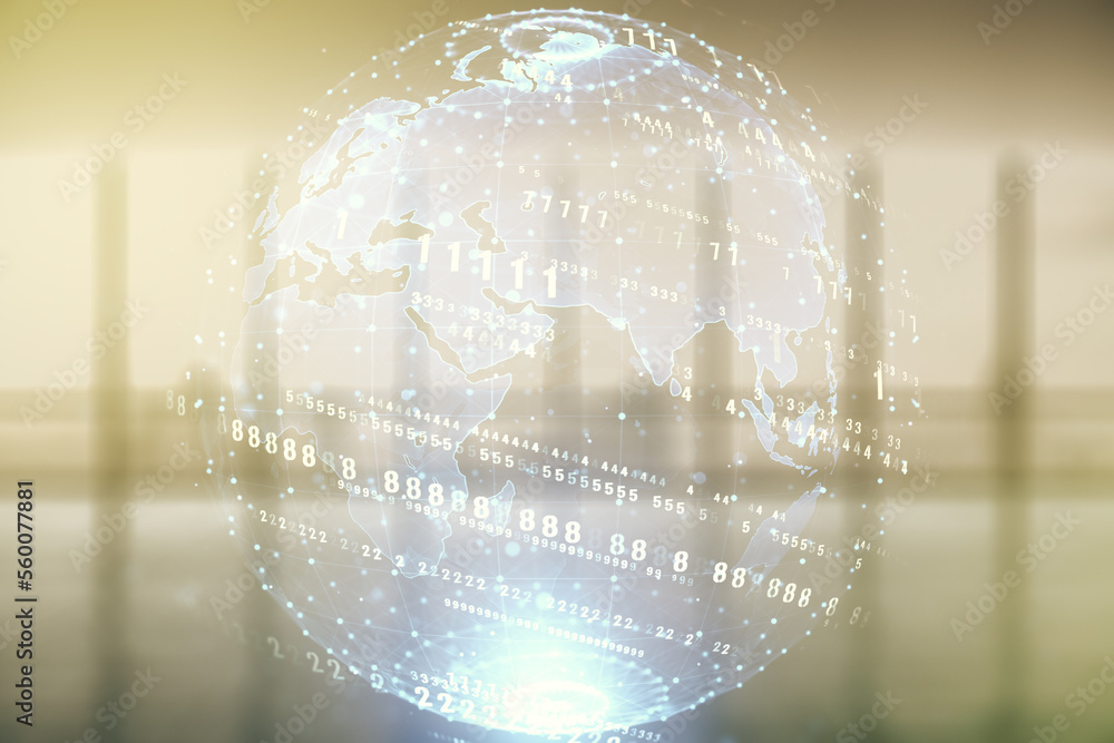 Poster multi exposure of abstract programming language hologram and world map on abstract empty interior ba