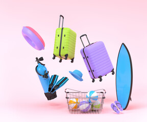 Colorful luggage with beach accessories and shopping basket on pink background.
