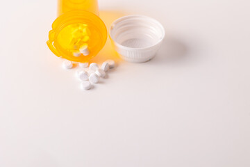 white pills coming out of prescription pill bottle isolated on white background with room for copy or print.