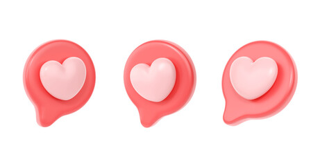 3d social media love heart icons render - message red bubble for chat and network speech on mobile phone