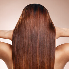 Woman, back or brunette hairstyle on studio background in keratin treatment, self love grooming or...