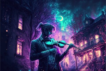 A man plays the violin in the night city