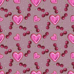 Watercolor seamless Valentine's Day pattern, Hearts and cherries repeat print, Romatic background, Cute  pattern with cherries and hearts, Hand-drawn watercolor illustration,  Food seamless wallpaper