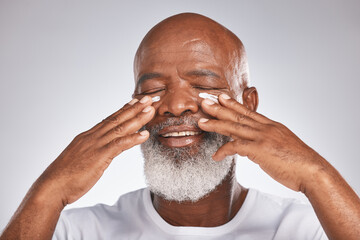 Senior black man, face and self care with facial cream with skincare, dermatology and cosmetics...