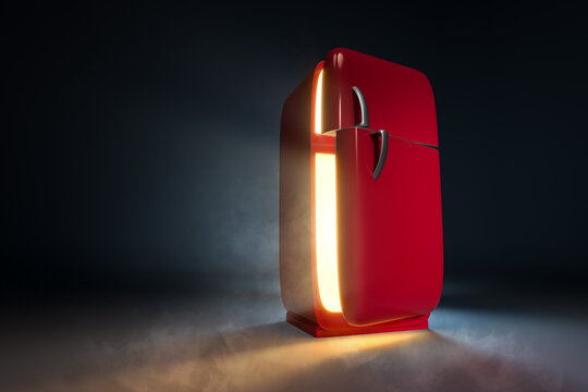 red refrigerator retro fridge with opened doors emit steam and bright warm white light in dark empty room. 3d render