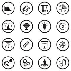 Physics Science Icons. Black Flat Design In Circle. Vector Illustration.