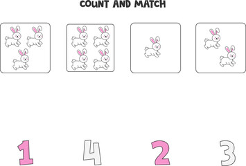 Counting game for kids. Count all Easter rabbits and match with numbers. Worksheet for children.