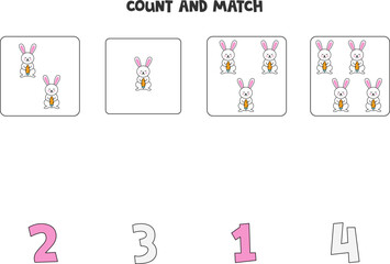 Counting game for kids. Count all Easter rabbits and match with numbers. Worksheet for children.