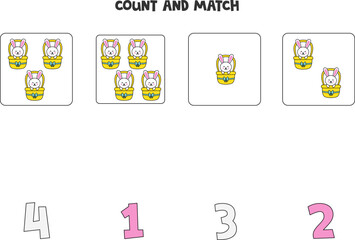 Counting game for kids. Count all Easter rabbits and match with numbers. Worksheet for children.