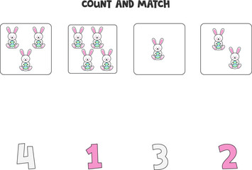 Counting game for kids. Count all Easter rabbits and match with numbers. Worksheet for children.