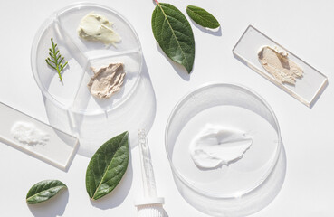 natural face cream on a white table and plant branches - obrazy, fototapety, plakaty