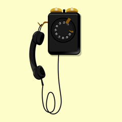 Vintage black phone isolated on yellow background. Cartoon vector illustration.