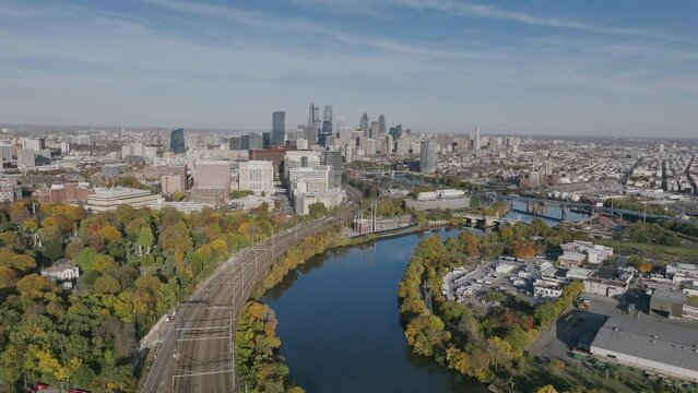 Aerial footage of downtown Philadelphia moving over the Schuylkill River.