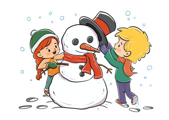 Boy and girl building a beautiful snowman together