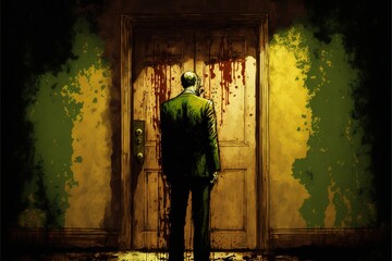 Obraz na płótnie Canvas A man stands in front of a creepy door, crepe horror illustration