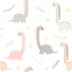 Vector childish seamless pattern with dinosaurs and footprints on a white background. Ideal for baby clothes, textiles, wallpaper, wrapping paper.