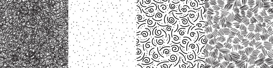 Seamless hand drawn adstract pattern set. Monochrome vector illustration