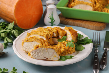 Baked chicken fillet with pumpkin sauce on white plate. Healthy food concept
