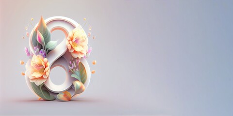 Illustration of number 8 and floral decoration for background and banner for 8th march women's day with copy space