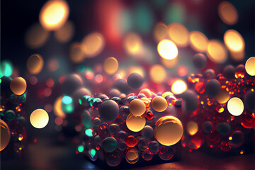 illuminated red , blue and yellow pellets in suspension in the air with lights reflexion and beautiful bokeh, generative ai - obrazy, fototapety, plakaty