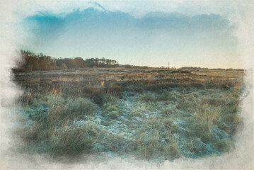 Wetley Moor. Digital watercolor painting of a frozen pond.