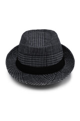 Subject shot of a checkered trilby hat adorned at the crown with a wide black ribbon. A stylish plaid grey mid-season hat is isolated on the white backdrop.