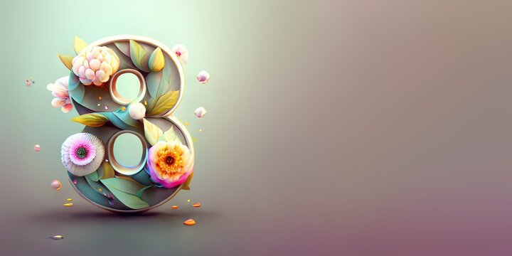 Illustration of number 8 and floral decoration for background and banner for 8th march women's day with copy space