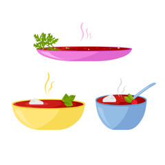 Borscht in a plate with herbs and sour cream. National dish. Vector set in the flat style.
