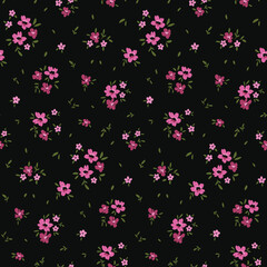 Fototapeta na wymiar Seamless floral pattern, liberty ditsy print with tiny cute flowers. Romantic flower design with small hand drawn flowers, leaves, bouquets on a dark background. Girly botanical print. Vector.