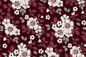 Seamless floral pattern, vintage flower print with small decorative art plants. Elegant botanical design with hand drawn flowers, leaves in bouquets on a dark background. Vector ditsy illustration.