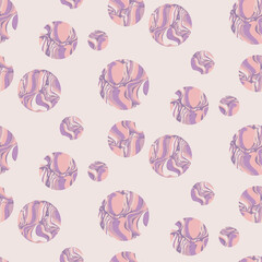 Seamless pattern, gentle abstract background with round spots of paint in pastel lilac colors. Trendy backdrop design with circles, soap bubbles on a light surface. Vector illustration.