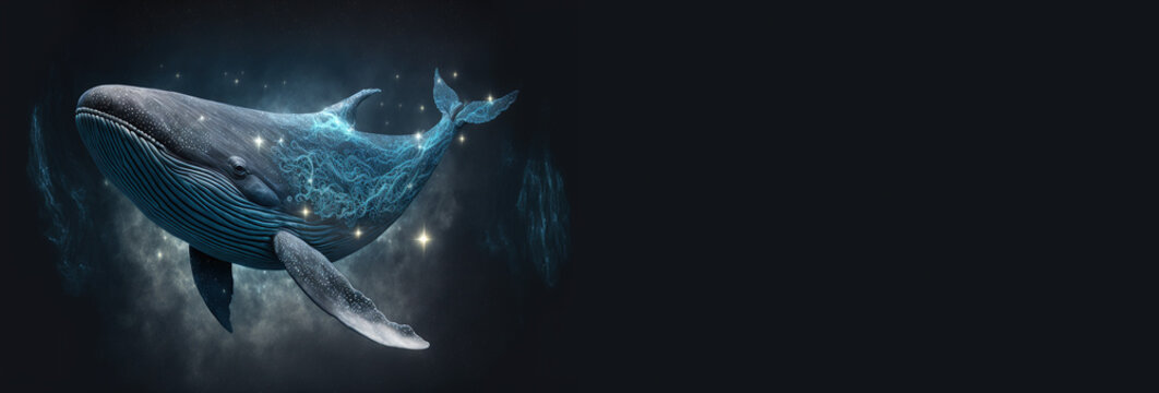 Cosmic whale swimming through the universe. Copy space, space for your text. Fantasy illustration of a cetacean travelling in space. Illustration, generative AI
