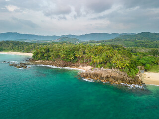 Aerial view of a beautiful rocky beach with palm trees.