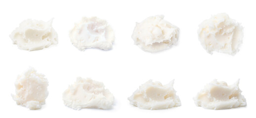 Set with tasty pork lard on white background