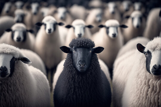 A black sheep among many white sheep, concept of rebellion, alternative thinking