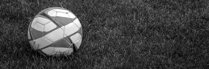 Fototapeta na wymiar Image of a soccer ball in a green grass. Outdoor games. Horizontal banner 