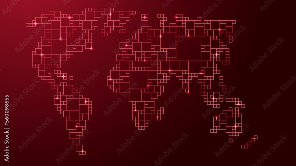 Poster world map, from red pattern from grid of squares of different sizes, moving sideways.