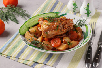 Chicken thighs cooked with potatoes and carrots, Close-up
