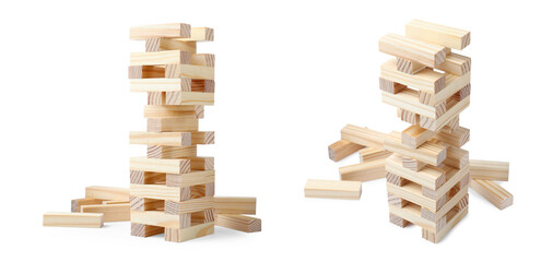 Jenga tower on white background, different angles