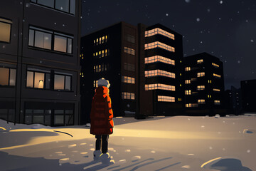 Drawing of a night city in winter. Horror. Scary atmosphere.