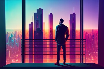 A man looks at a bright colorful city from a balcony, sci-fi digita art