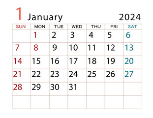 2024年カレンダー　1月	