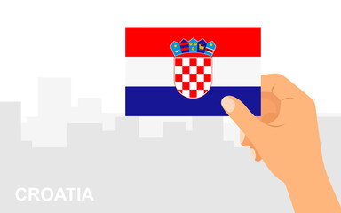 Hand holding the flag of Croatia on the background of the city in minimal flat style. Vector illustration