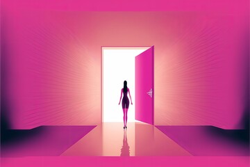 Businesswoman walking go to front of bright big shining door in the wall orange of the hole at light falls