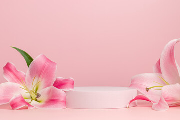 Podium with lily flowers close up on pink background. Showcase for wedding, valentine, cosmetic,...