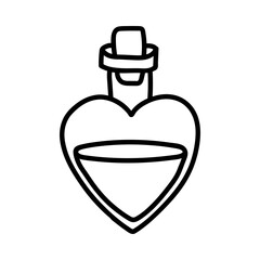 Doodle heart flask with magic potion. Hand-drawn bottle with poison. Vector illustration
