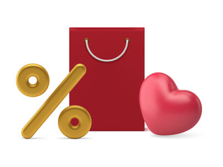 Shopping bag sale discount Valentines present purchasing holiday promo 3d icon realistic vector